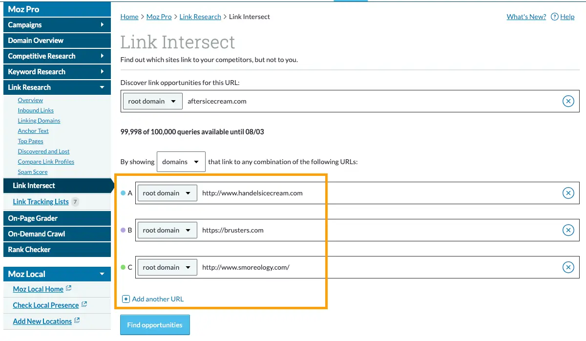 Find-Backlink-opportunities-Enter-Competitor-URLs MOZ backlink analysis